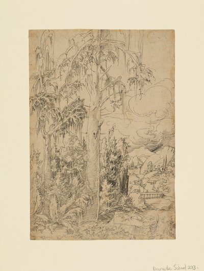 Uma paisagem arborizada com uma cidade para lá de uma ponte e montanhas distantes de Unknown artist