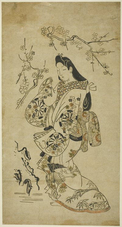Uma jovem mulher a caminhar perto de uma ameixeira de Unknown artist