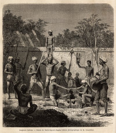 Um bando de malabaristas indianos. Gravura para ilustrar a viagem nas províncias meridionais da Índia, de Alfred Grandidier, em 1862-1864, publicada em "le tour du monde", sob a direção de D