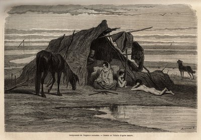 Um campo de ciganos nômades nas planícies do norte da Bósnia. Gravura para ilustrar as memórias das viagens entre os eslavos do sul, de Georges Perrot, em 1868, publicada em "Le tour du monde" 1870-1871, editada por Edouard Charton, edição Hachette, Pari de Unknown artist