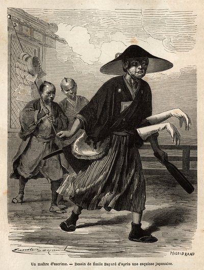 Um mestre da esgrima, seguido por dois ajudantes que usam o seu material, o mestre desliza as suas luvas brancas sobre as mangas das suas espadas. Gravura para ilustrar a viagem ao Japão, em 1863-1864, de Aime Humbert, ministro da Confederação Suíça, em "L de Unknown artist