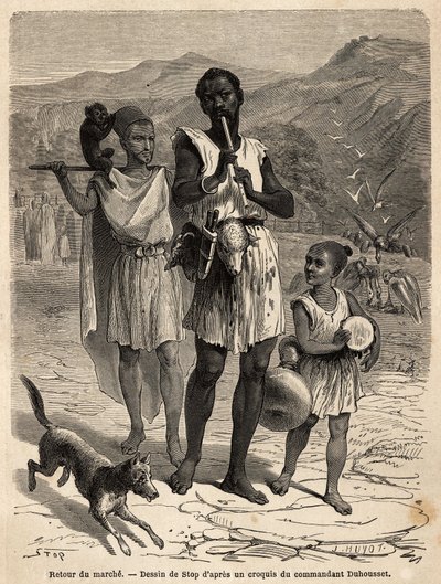 Um flautista, acompanhado por um pequeno baterista e um show de macacos; as duas cabeças de carneiro penduradas no cinto do líder da banda serão o seu jantar. Gravura para ilustrar a excursão ao grande Kabilie, entre o Mediterrâneo e o Djurjura, em 1 de Unknown artist