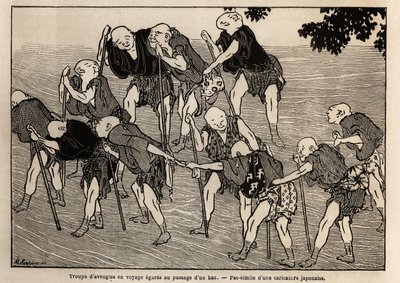 Um grupo de egars cegos à passagem de uma tábua; a sua enfermidade obriga-os a especializarem-se na massagem, viajam dando as mãos, cada um segurando num apito um pau de montanha do tamanho de uma vara, com o som do qual sinalizam a sua presença às família de Unknown artist