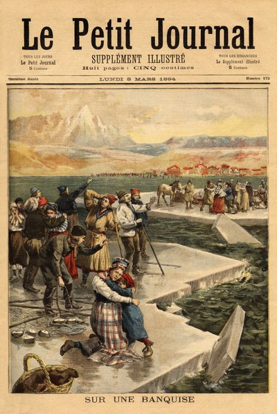 Um enorme bloco de gelo parte do continente em Helsingfors (sul do Golfo da Finlândia), levando mais de 500 pessoas e 20 cavalos para o mar aberto. Gravura no "Le petit journal" 5/03/1894. Coleção da Selva. de Unknown artist
