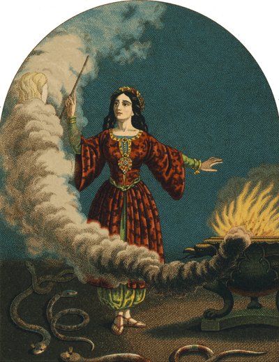 Um mágico (bruxo) preparando sortilégios com uma varinha mágica, um caldeirão e cobras. Gravura a partir de 1852 de Unknown artist