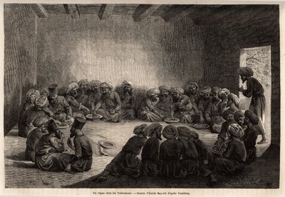 Uma refeição nos turcomanos (Iraque). Desenho de Emile Bayard (1837-1891), para ilustrar a viagem à Ásia Central, em 1863, de Arminius Vambery (cientista húngaro disfarçado em dervixe). Gravura em "Le tour du monde", editado por Edouard Charton de Unknown artist