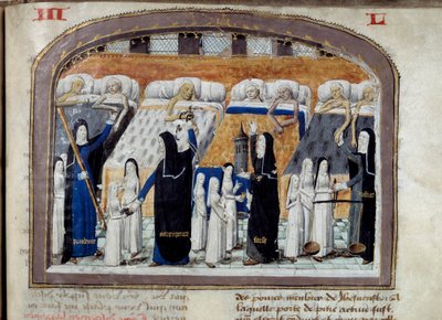 Um quarto do Hotel Hôpital Dieu em Paris cheio de doentes assistidos pelas freiras Cada freira simboliza uma virtude necessária para a assistência dos doentes: prudência, força, justiça. Miniatura de um manuscrito de 1482. Paris. Museu do Assi Público de Unknown artist