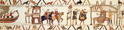 Uma cena da Tapeçaria Bayeux representando o Rei Eduardo falando com Haroldo de Unknown artist