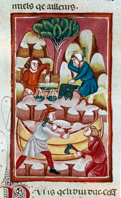Um comerciante usando uma balança, um ferreiro atacando uma bigorna, dois trabalhadores trabalhando em um barco em um estaleiro naval. Miniatura tirada de "Os Fatos dos Romanos" Veneza do século XIII, biblioteca Marciana de Unknown artist