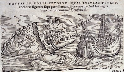 Uma baleia confundida com uma ilha. Duas pessoas acendem uma fogueira nas costas de um monstro marinho. Engraving n Historia Animalium de Conrad Gesner (1516-1565), Tiguri de Unknown artist