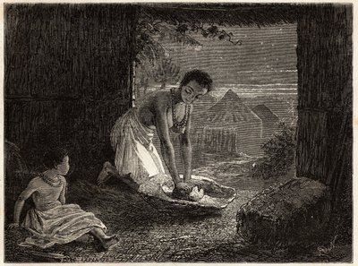 O moinho é composto por um bloco estacionário de granito em forma de calha e um pedaço de quartzo convexo. Gravura para ilustrar as primeiras viagens do Dr. Livingstone à África Austral entre 1840 e 1856, em "Le tour du monde de Unknown artist