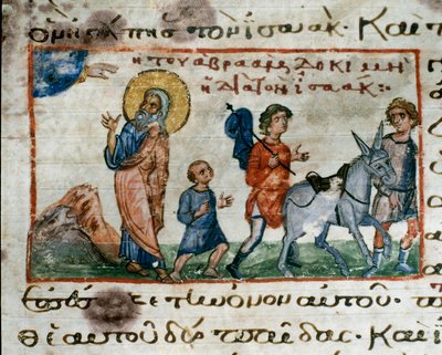 Abraão recebe a ordem de Deus para ir ao Monte Moriah para sacrificar seu filho Isaac Miniature do "Codex de l