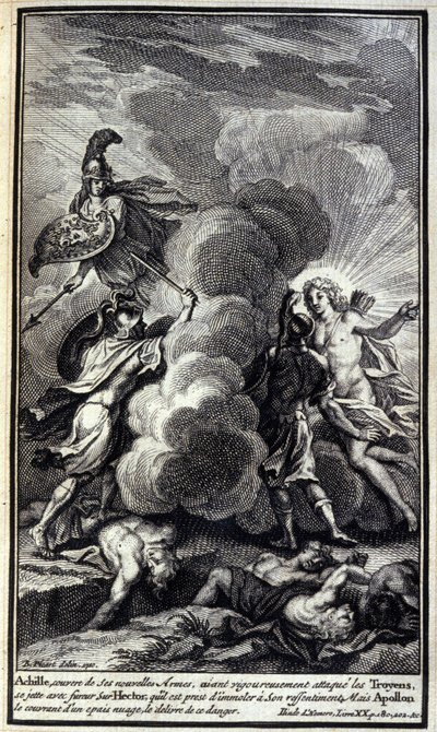 Aquiles, coberto com suas novas armas, tendo atacado rigorosamente os troianos, atirou-se com fúria a Héctor, a quem estava pronto para massacrar com seu ressentimento, mas Apolo o cobriu com uma espessa nuvem o delírio desse perigo. Ilustração do livro de Unknown artist