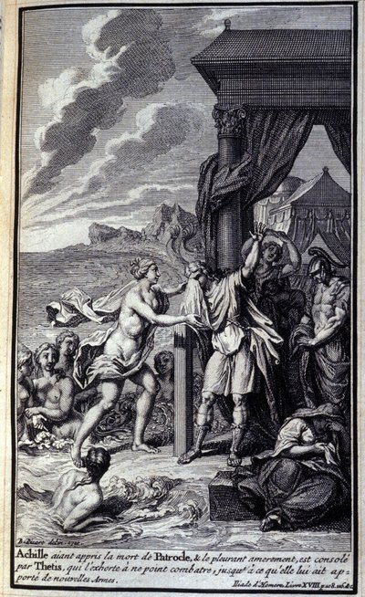 Aquiles, tendo ouvido falar da morte de Patrocles e chorando-o amargamente, é confortado por Thetis, que o exortou a não lutar, até que ela lhe trouxe novas armas". Ilustração do livro XVIII da Ilíada de Homere, edição francesa. de Unknown artist