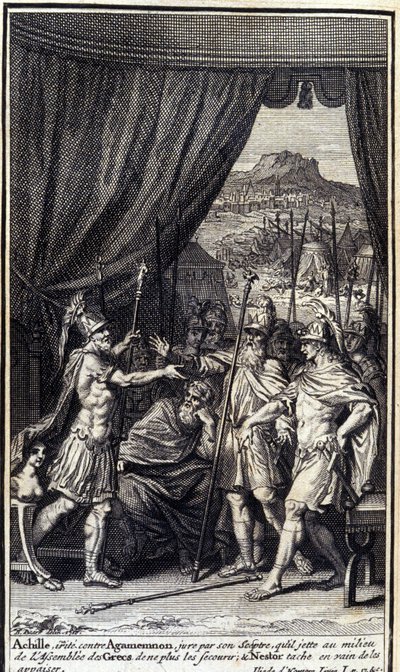 Aquiles, irritado contra Agamenón, jura por seu cetro que joga no meio da assembléia dos gregos para não ajudá-los; e Nestor mancha em vão para apaziguá-los. Ilustração do livro I da Ilíada de Homero, edição francesa de Unknown artist