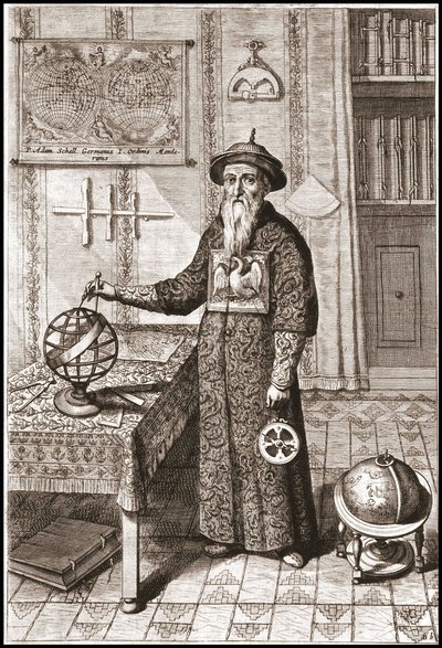Adam Schall, astrônomo (1592-1666) em traje de tangerina, com globos terrestres e celestes e astrolábio - na "China" de Athanase Kircher (ou Athanasius Kircheri) de Unknown artist