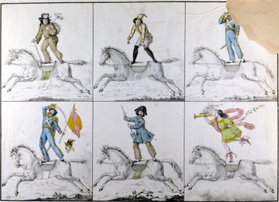 Aerobática: Exercícios acrobáticos a cavalo. Gravura de Unknown artist