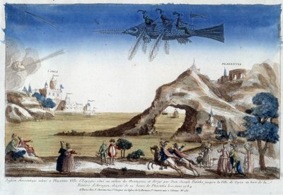 Peixe aerostático criado em Plazentia, Espanha, dirigido por Dom José Patinho, voando para a cidade de Coria nas margens do rio Arragon (12 léguas de Plazentia) em 10 de março de Unknown artist