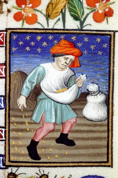 Representação alegórica de Outubro. Um camponês que semeia grãos. Miniatura de um manuscrito do século XIV. de Unknown artist