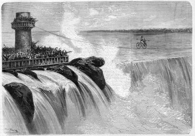 American Jenkins atravessando as Cataratas do Niágara em um Velocipede em 1869. de Unknown artist