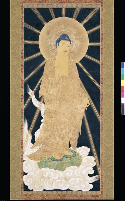 Amitabha (Amida) Tríade Descendente do Céu (pigmento sobre konshi (papel de arroz azul)) de Unknown artist