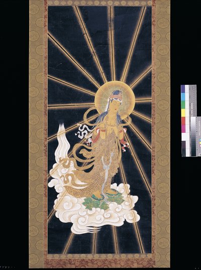 Amitabha (Amida) Tríade Descendente do Céu (pigmento sobre konshi (papel de arroz azul)) de Unknown artist