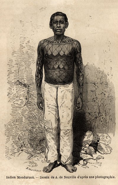 Um índio Mondurucu (ou Mundurucu), tribo do estado do Pará, na região do rio Tapajós. de Unknown artist