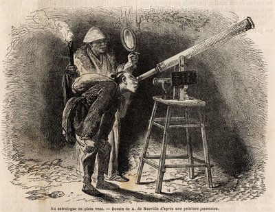 Um astrólogo procura no céu ao ar livre usando o seu telescópio. Gravura para ilustrar a viagem ao Japão, em 1863-1864, de Aime Humbert, ministro da Confederação Suíça, no "Le tour du monde, nouveau journal des voyages" publicado sob o dir de Unknown artist
