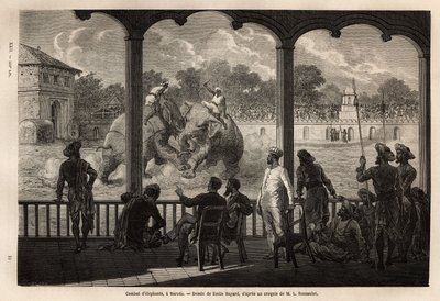 Uma luta de elefantes, em Baroda (ou Vadodara), no estado de Gujarat, na costa nordeste da Índia. Gravura para ilustrar a viagem na Índia dos Rajahs, de Louis Rousselet, em 1864-1868, publicada em "Le tour du monde" 1870-1871, editada por Edouard Charto de Unknown artist