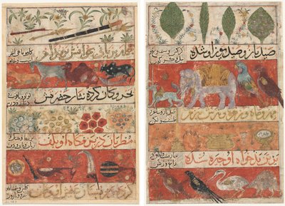 Animais, Pedras Preciosas, Moedas e Instrumentos Musicais (reto); Animais, pássaros e plantas (verso) de um Mu