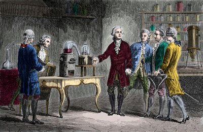 Antoine Laurent Lavoisier (1743-1894) executa a decomposição do ar em 1776 - Antoine Laurent Lavoisier químico inglês, mostrando aos colegas cientistas a sua experiência que revelou a composição do ar em 1776 - Gravura de Louis Figuier de Unknown artist