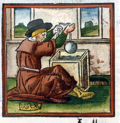 Arquimedes determina o peso da coroa de Hieron por imersão em água (experiência de empurrar) - gravura de Unknown artist