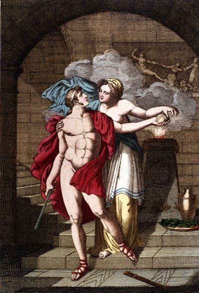 Arianne dá a Theseus o fio para que ele possa sair do labirinto - em Dizionario mitologico de Unknown artist