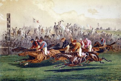 Chegada de uma corrida de cavalos. Ilustração do século XIX. de Unknown artist