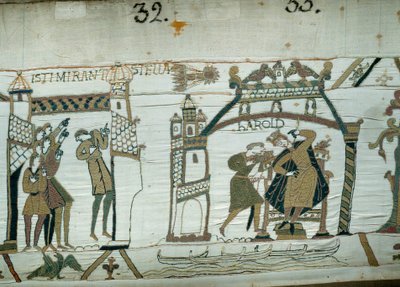 Os astrólogos relatam o aparecimento do cometa (Halley), prensagem de infortúnio para Haroldo, mal coroado Rei de Inglaterra Detalhe da tapeçaria de Bayeux ou Bordado da Rainha Mathilde de Unknown artist
