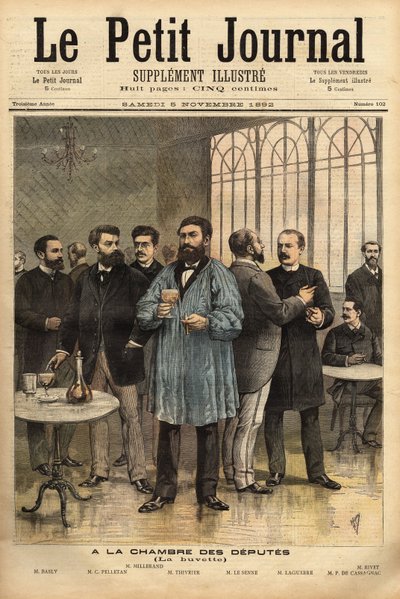 No bar da Câmara de Deputados, com da esquerda para a direita: Emile Basly (1835-1928), deputado de Paris, do movimento sindical dos mineiros, Camille Pelletan (1846-1915) jornalista escritor e deputado das Bouches du Rhone, Alexandre Millerand (1859-1 de Unknown artist