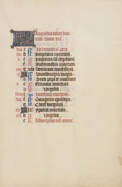 Página do calendário de agosto de Unknown artist