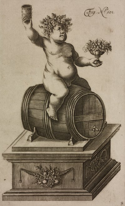 Baco no barril, manequim para lançar fogo de artifício, gravura de Grand Art d