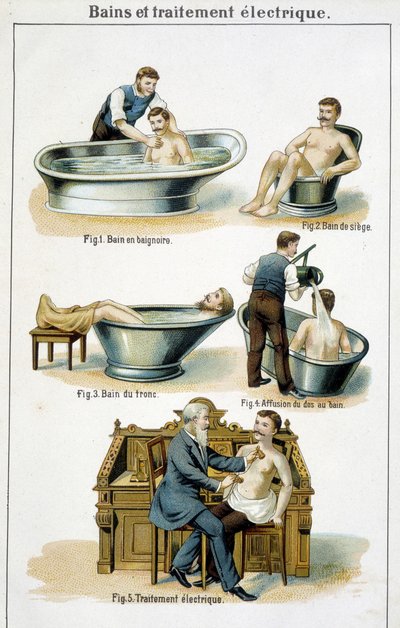 Banhos e tratamento eléctrico: 1) Banheira, 2) Banheira de assento, 3) Banheira de tronco, 4) Voltar ao banho, 5) Tratamento eléctrico - em "Bilz, Medicação Natural", finais do século XIX de Unknown artist