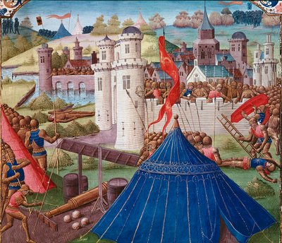 Cena de batalha uma miniatura de Cartago da "História Romana" (Ad urbe condita) por Tite Live (59 BC-17 AD) (Titus Livius), traduzido por Pierre Bessuire 1450-1500 Chantilly, Musee Conde de Unknown artist