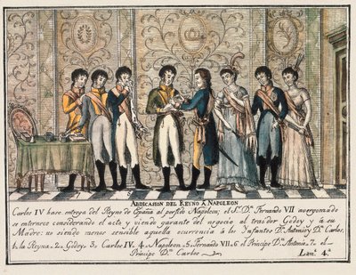 Entrevista de Bayonne em 1808, após a insurreição de Aranjuez, que viu a abdicação do rei Carlos IV de Espanha ceder o trono a Napoleão I antes de seu filho Fernando VII. de Unknown artist