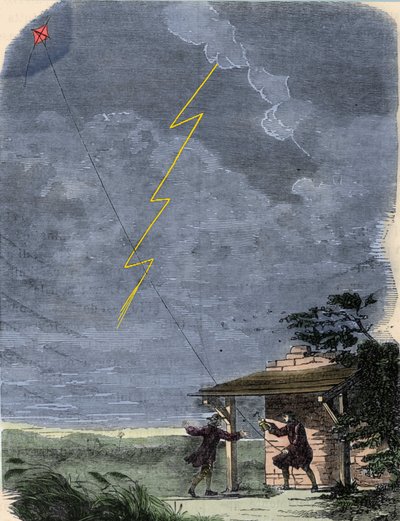 Benjamin Franklin, filósofo, físico e embaixador americano, fazendo experiências com seu pára-raios montado sobre um papagaio. Setembro de 1752. de Unknown artist