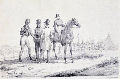 Aposta na borda do campo de provas com um jóquei a cavalo - litografia, deb. Século XIX de Unknown artist