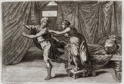 Bíblia de Royaumont, Velho Testamento: Chastete de José. José foi solicitado pela esposa de Putiphar (Potiphar), e colocado na prisão. Ilustração de 1811. de Unknown artist