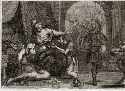Bíblia de Royaumont, Velho Testamento: Morte de Sansão. Sansão descobre Dalila que sua força estava em seu cabelo. Ela corta-lhe o cabelo e traz os soldados filisteus para a sala. Ilustração de 1811. de Unknown artist