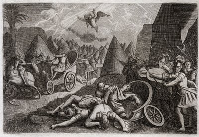 Bíblia de Royaumont, Velho Testamento: A derrota de Sennacheribe. Deus derrotou o exército de Senaqueribe (Sancheribe) em favor do rei Ezequias por um anjo que matou cento e oitenta e cinco mil homens em uma noite. Ilustração de 1811. de Unknown artist