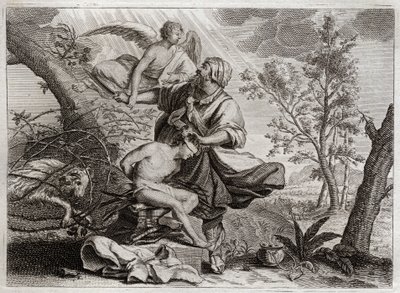 Bíblia de Royaumont, Velho Testamento: Sacrifício de Abraão. Um anjo segura a mão de Abraão antes do sacrifício de seu filho Isaque. À esquerda, o mais fiel de Abraão matará em seu lugar. Ilustração de 1811. de Unknown artist