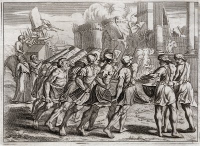 Bíblia de Royaumont, Velho Testamento: Tirada de Jericó. Os Muros de Jericó caem no chão ao som das trombetas dos Sacerdotes que precederam a Arca da Aliança do Senhor. Ilustração de 1811. de Unknown artist