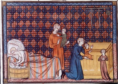 Nascimento e educação do Rei da França Luís IX ou São Luís (1214-1270). Miniatura do manuscrito "Vida e Milagres de São Luís" de Guilherme de Saint Pathus de Unknown artist
