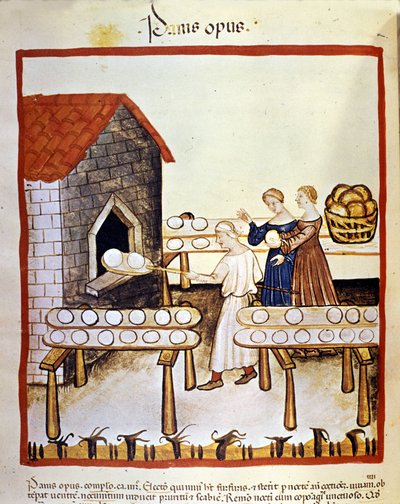 Pão preto: um padeiro no trabalho em frente a um forno. Iluminação a partir da ordenha de medicamentos e dietética "Tacuinum sanitatis". de Unknown artist